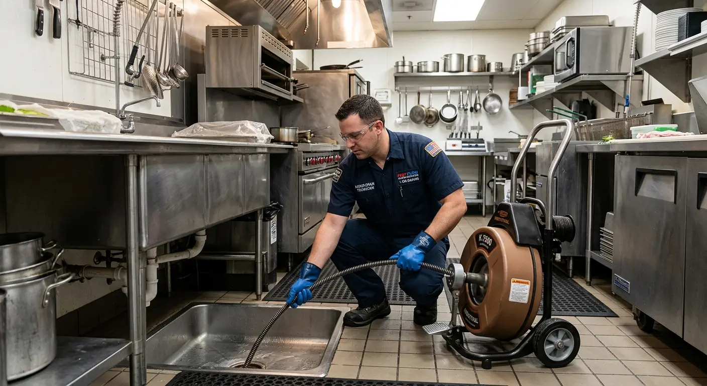 Commercial drain cleaning service in a restaurant kitchen in Windsor