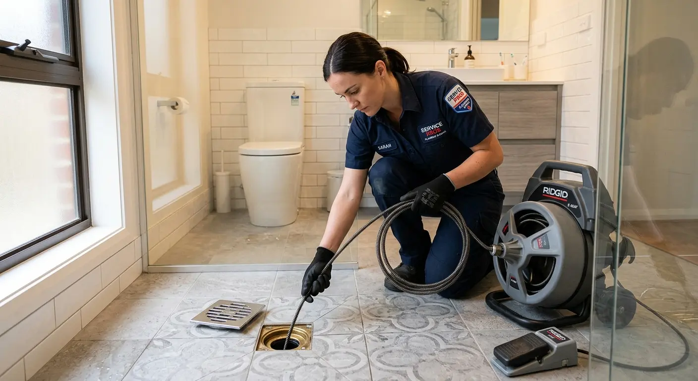 Technician clearing a bathroom floor drain for Drain Cleaning in Windsor